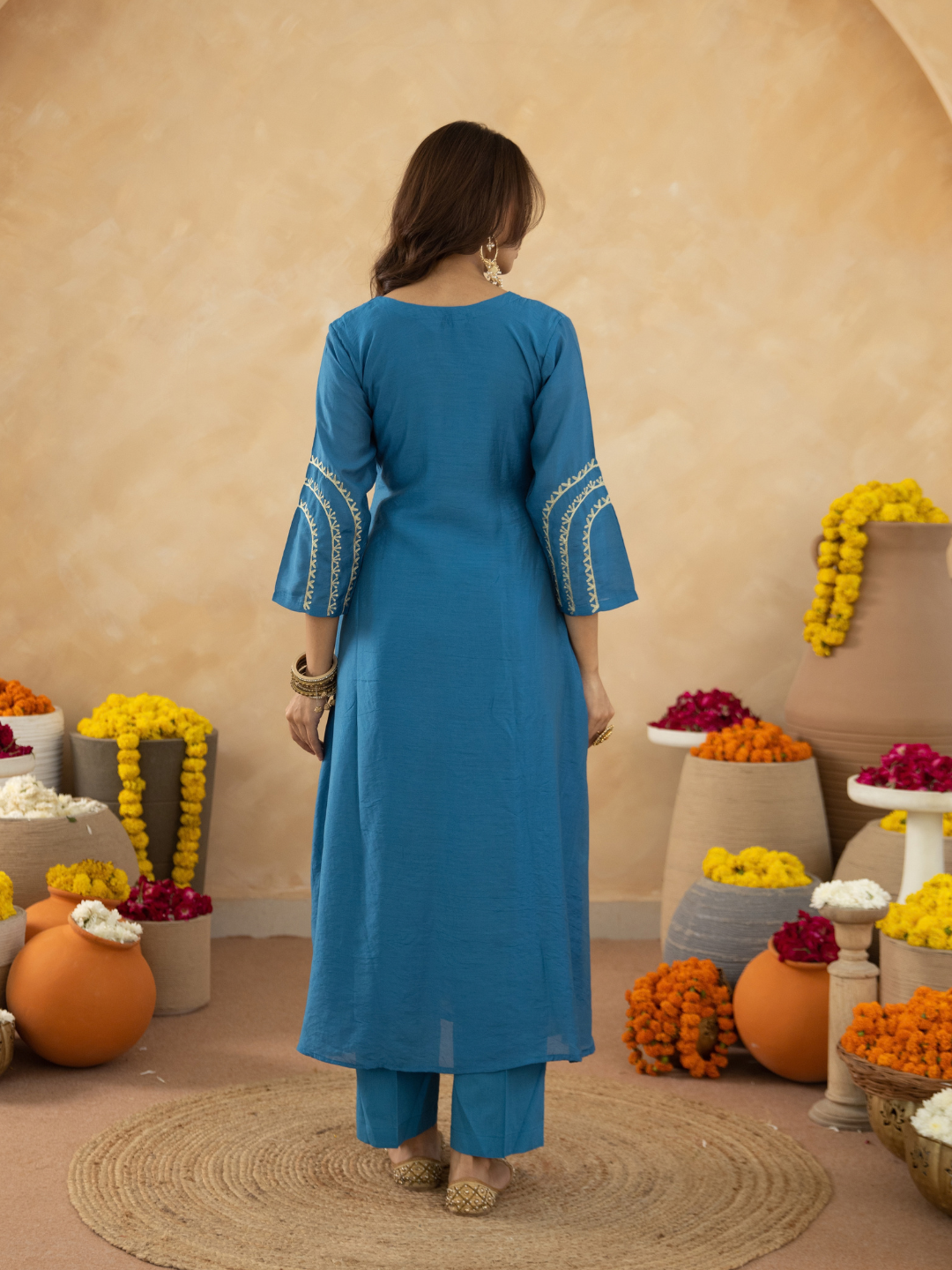 Blue Chanderi Aari Embroidered A- Line Kurta Set