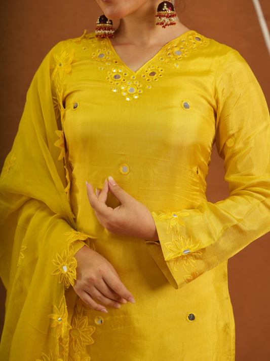 Hayaat Yellow Silk Mirrorwork Suit Set