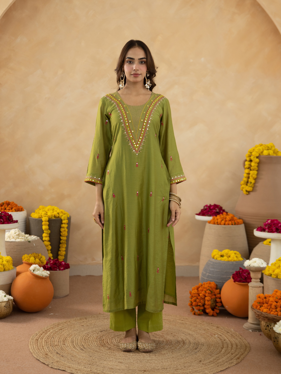 Green Handcrafted Chanderi Mirrorwork Straight Kurta Set
