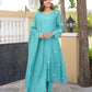 Teal Aqua Daisy Chanderi A-Line Kurta Set