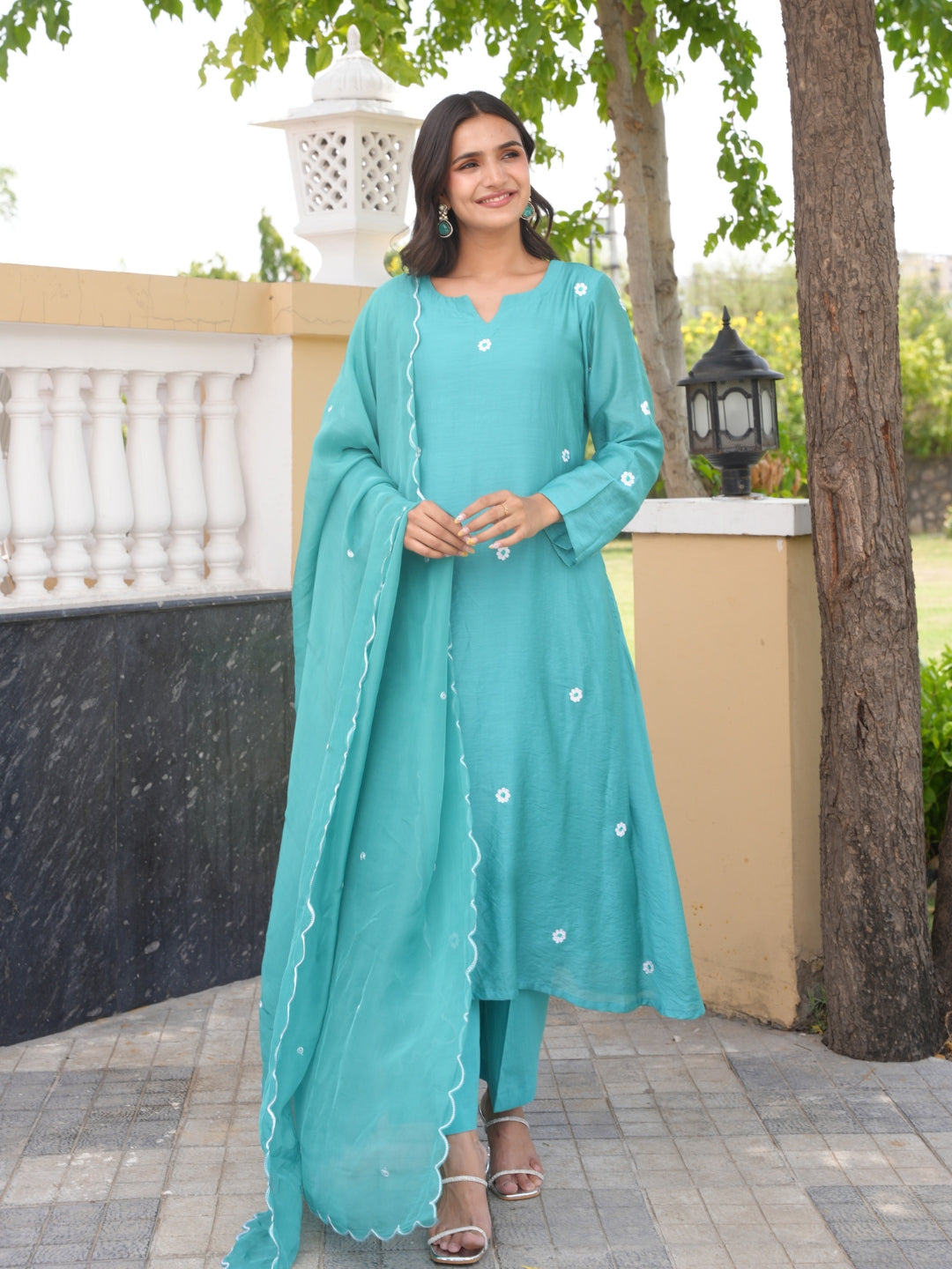 Teal Aqua Daisy Chanderi A-Line Kurta Set