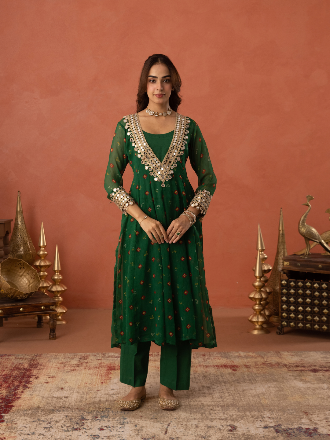 Green Chiffon Bandhej Mirrorwork Kurta Set