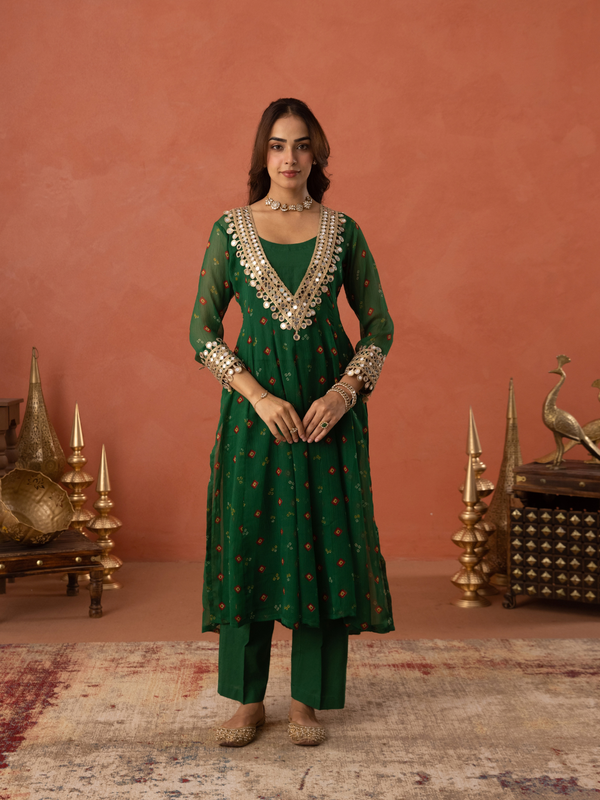 Green Chiffon Bandhej Mirrorwork Kurta Set