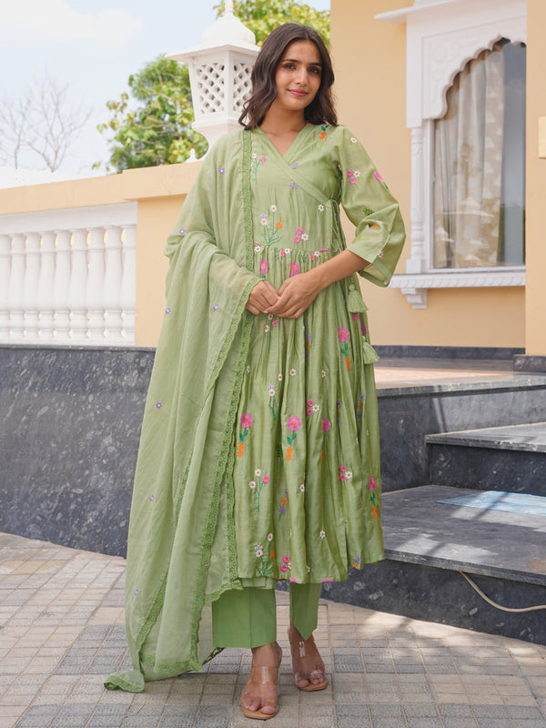 Pista Flora Chanderi Angrakha Kurta Set