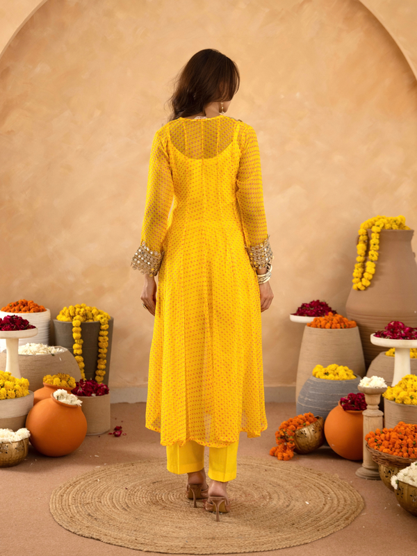 Yellow Chiffon Bandhej Mirrorwork Kurta Set