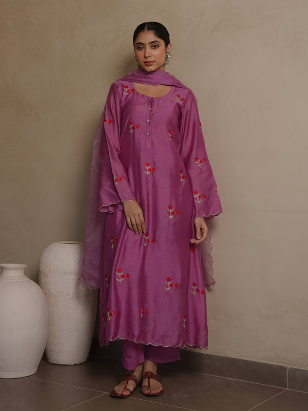 PETUNIA PLUM CHANDERI EMBROIDERY SUIT SET