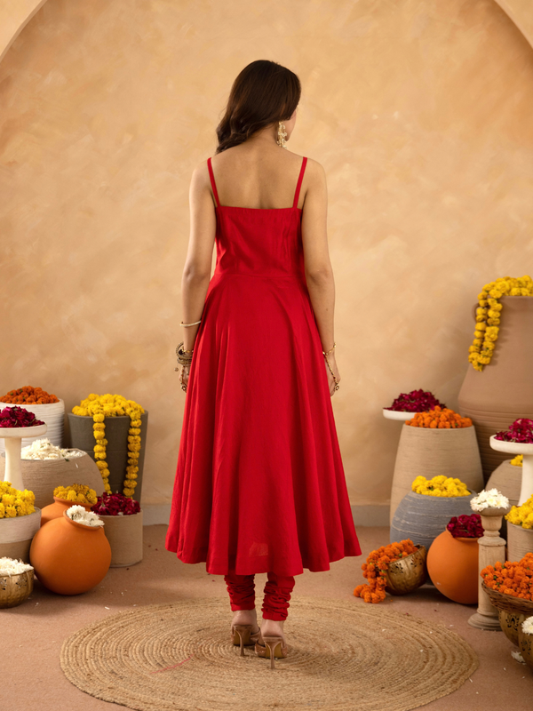 Red Chanderi Anarkali with Aari Work & Sequin Embellished  Dupatta