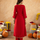 Red Hand Embroidered Chanderi Gathered Kurta Set with  Sequin Dupatta