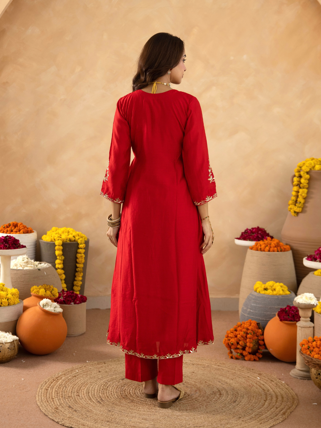 Red Hand Embroidered Chanderi Gathered Kurta Set with  Sequin Dupatta