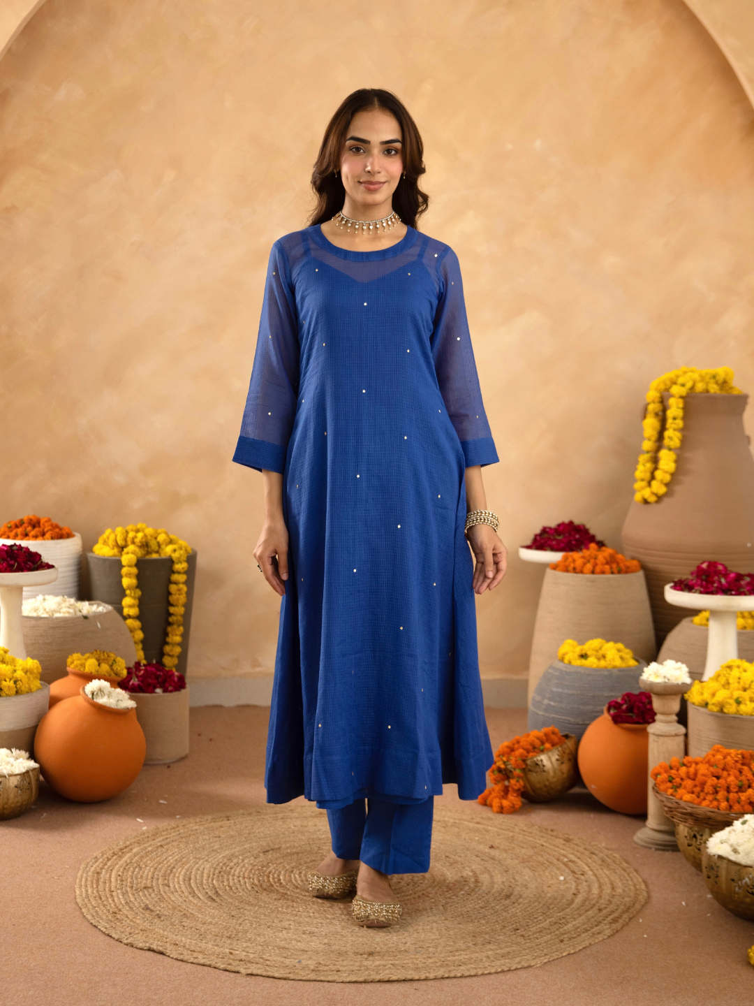 "Royal Blue Doria Hand Embroidered A- Line Kurta  Set"