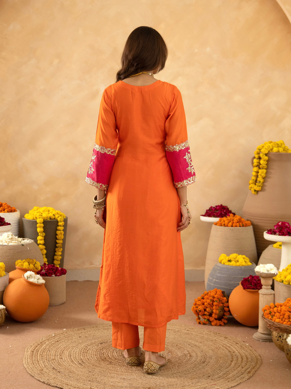 Orange Chanderi A-Line Kurta Set with Handwork Detailing &  Organza Dupatta