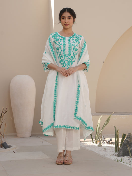 SNOWY WHITE CHANDERI EMBROIDERED SUIT SET