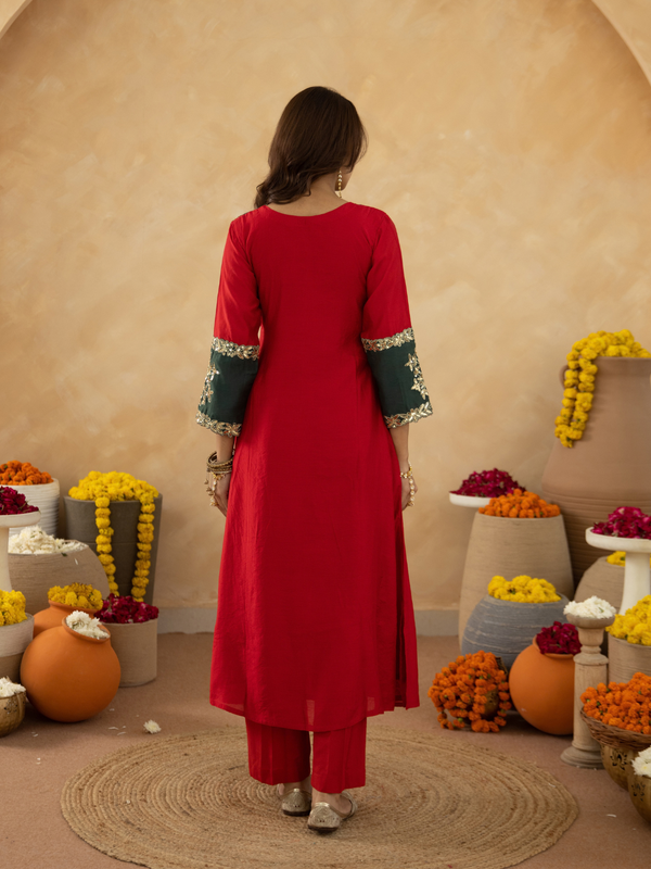 Red Chanderi A-Line Kurta Set with Handwork Detailing &  Organza Dupatta