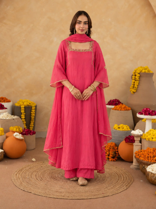 Salmon Pink Aari Handwork Chanderi A-Line Kurta set