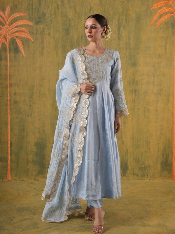 Firoza Ice Blue Silk Aari Anarkali Set