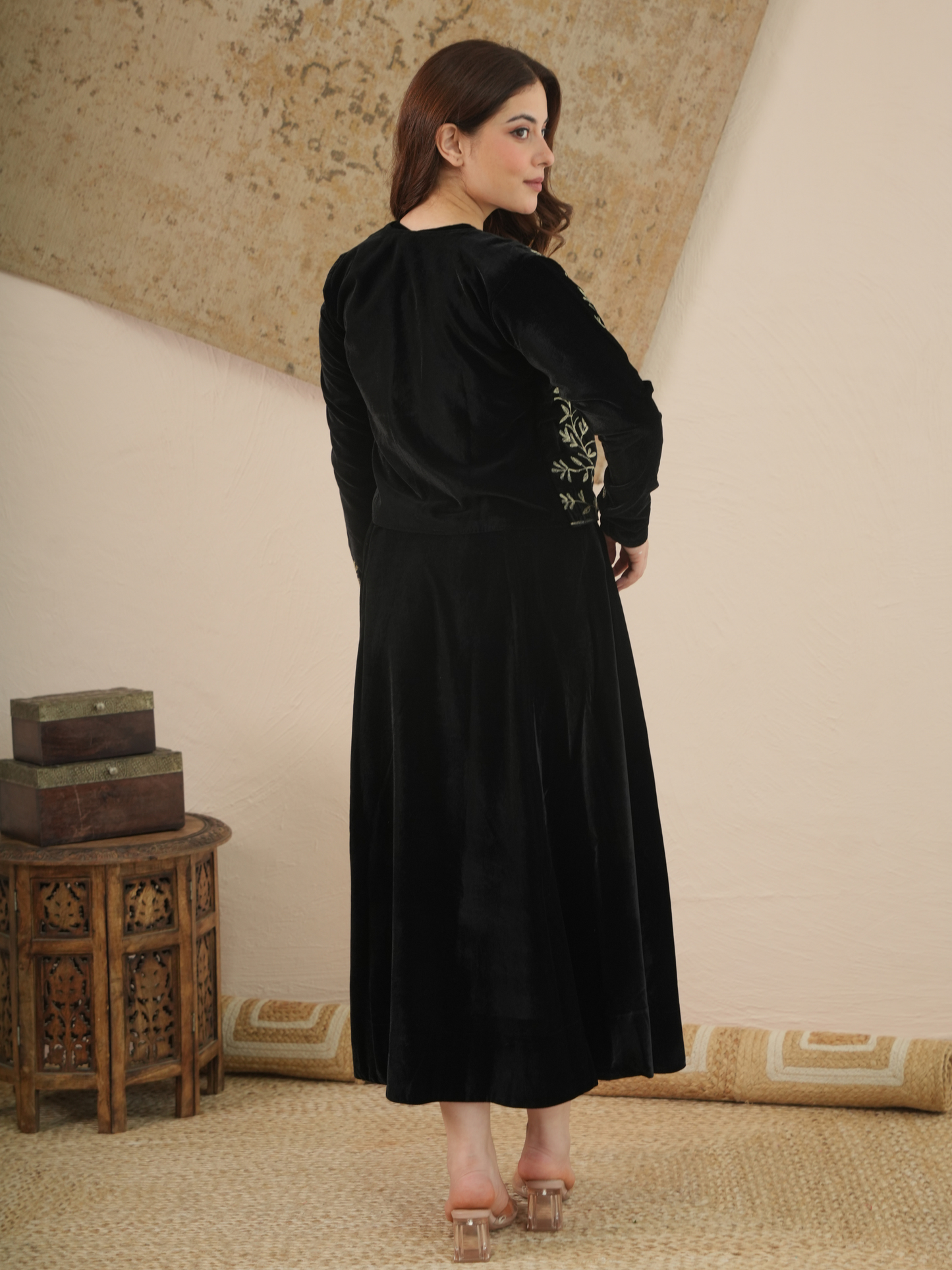 Aira Noir Velvet Embroidered Jacket Dress