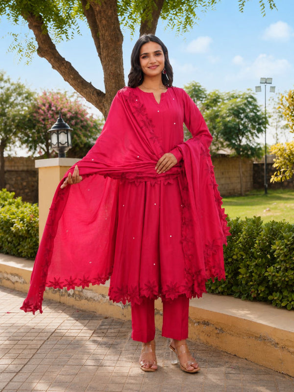 Ruby Bloom Floral Aari Work Chanderi Kurta Set
