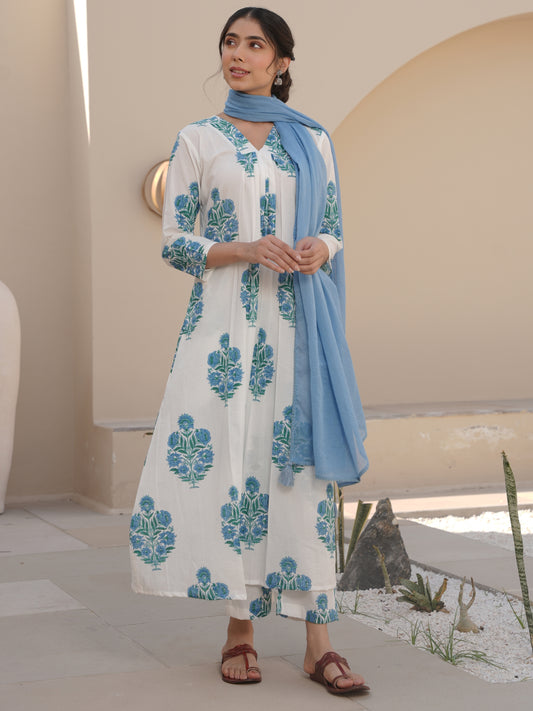 THISTLE WHITE COTTON BLOCKPRINT SUIT SET