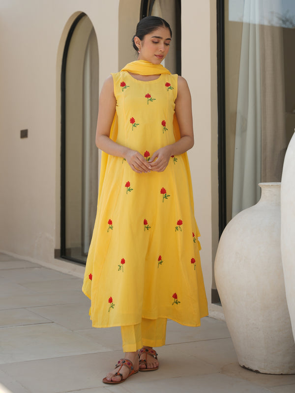 CLOVER YELLOW COTTON FLORAL EMBROIDERY SUIT SET