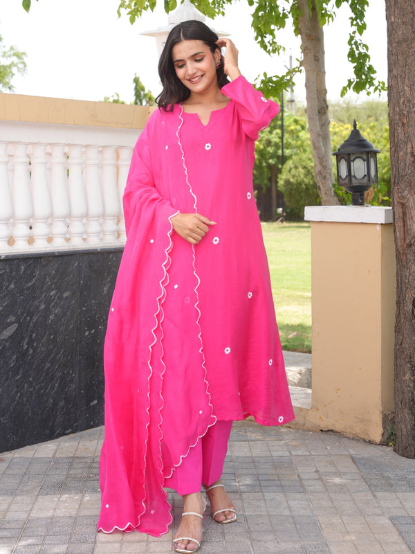 Pink Daisy Chanderi A-Line Kurta Set