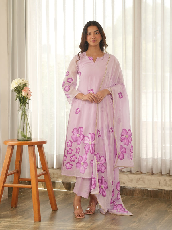 Mauve Blossom Hand Paint Soft Organza Suit Set