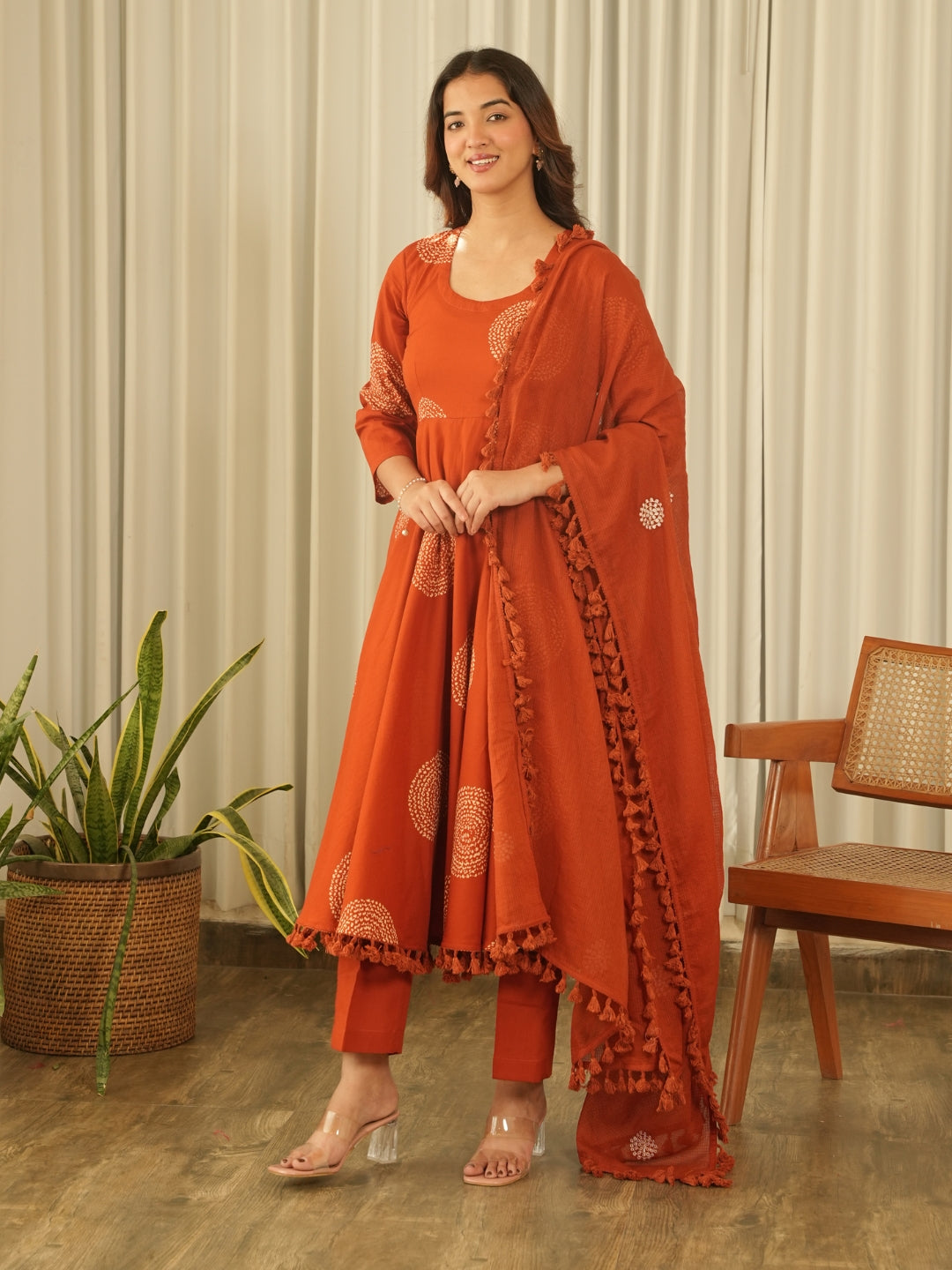 Rust Orange Cotton Screen Print Kurta Set with Pant & Dupatta