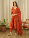 Rust Orange Cotton Screen Print Kurta Set with Pant & Dupatta