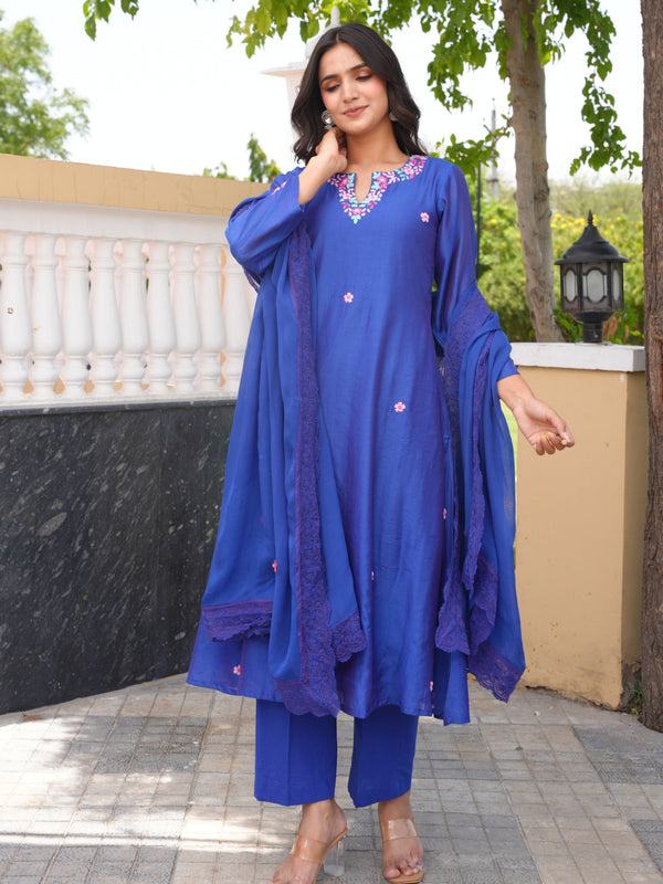 Blue Floral Handwork Chanderi A-Line Kurta Set