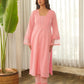 Peach Schiffli Cotton Kurta Set with Pants & Organza Dupatta