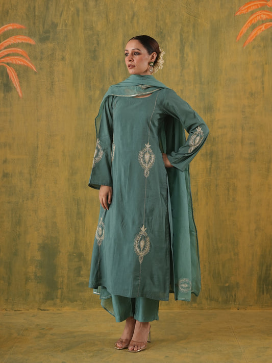 Rani Zoya Green Embroidered Silk Suit Set