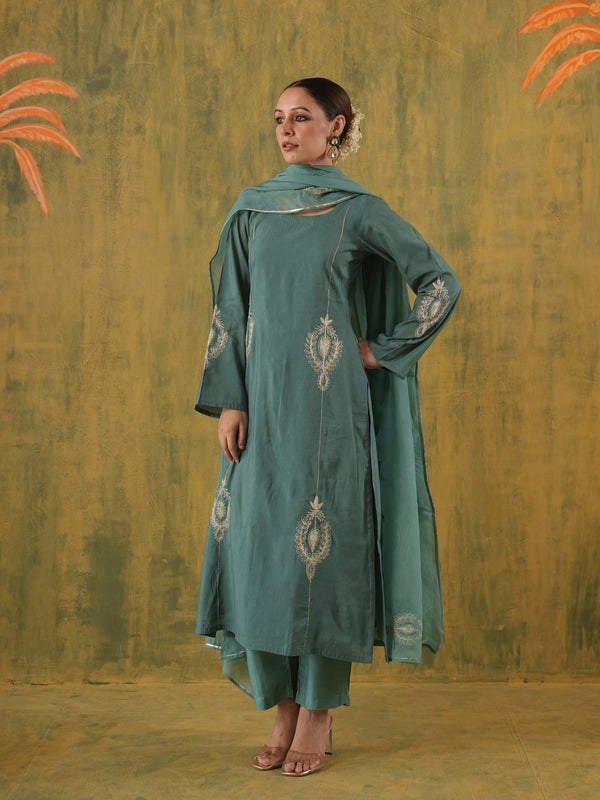 Rani Zoya Green Embroidered Silk Suit Set