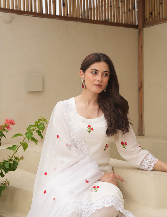 Shy White Embroidered Crushed Cotton Suit Set