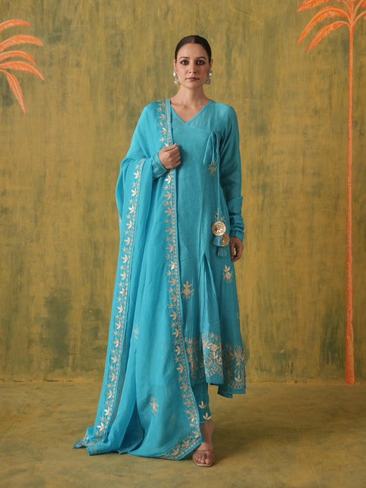 Rani Sitaara Teal Blue Gotta Patti Angrakha Set