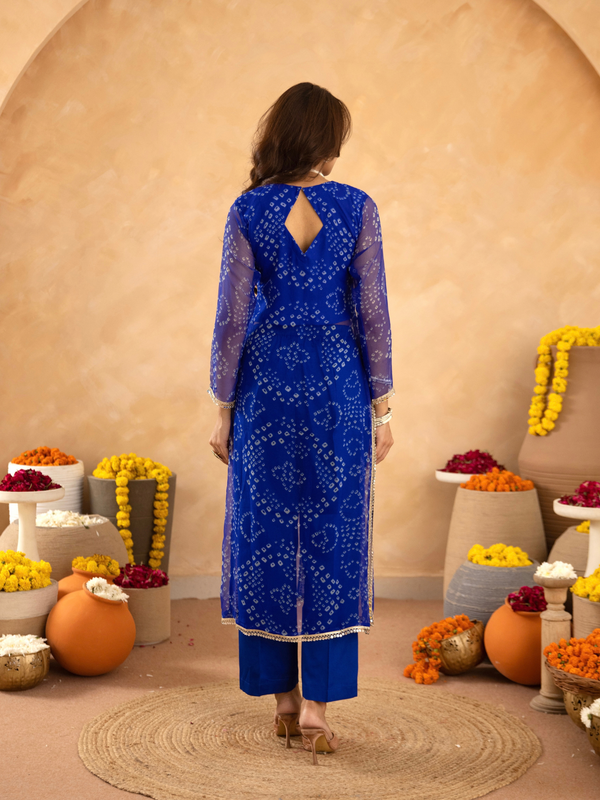 Blue Chiffon Bandhej Mirrorwork Straight Kurta
