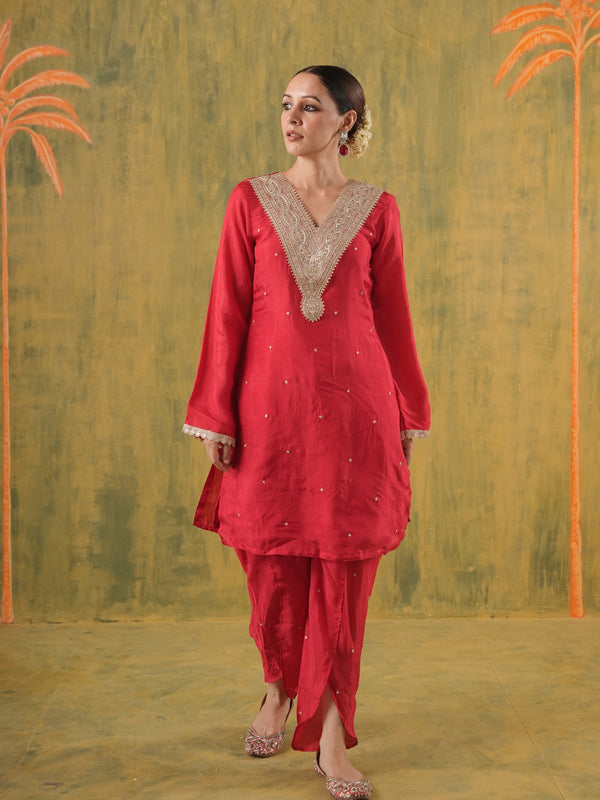 Noorani Red Embroidered Silk Dhoti Set