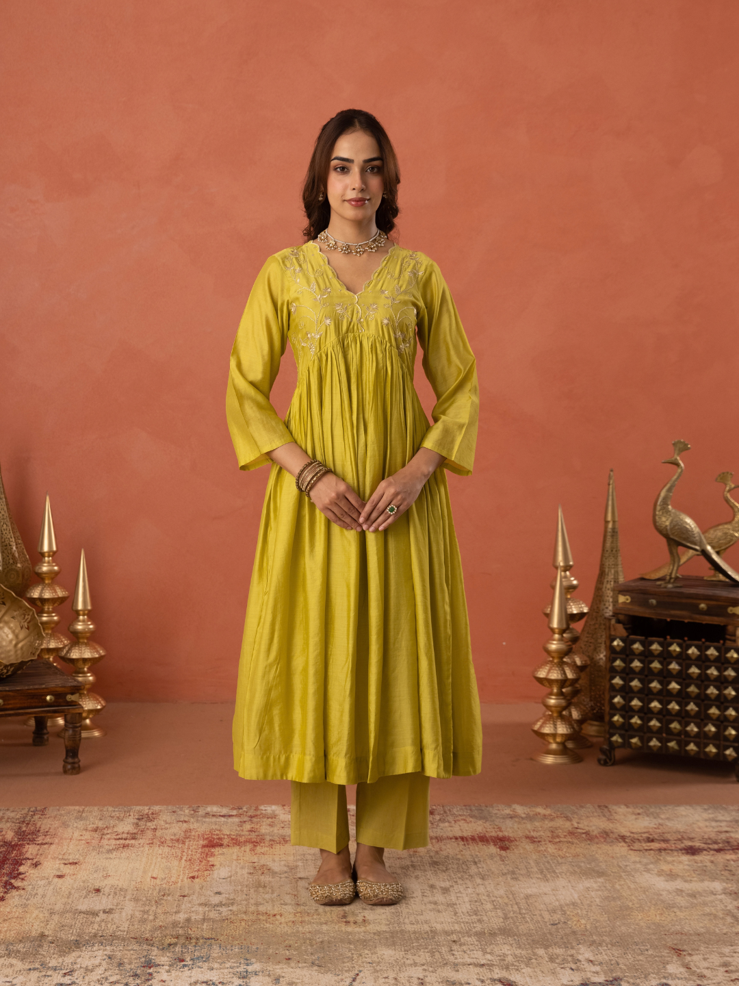 Mustard Yellow Chanderi Zari Embroidered Gathered  Kurta Set