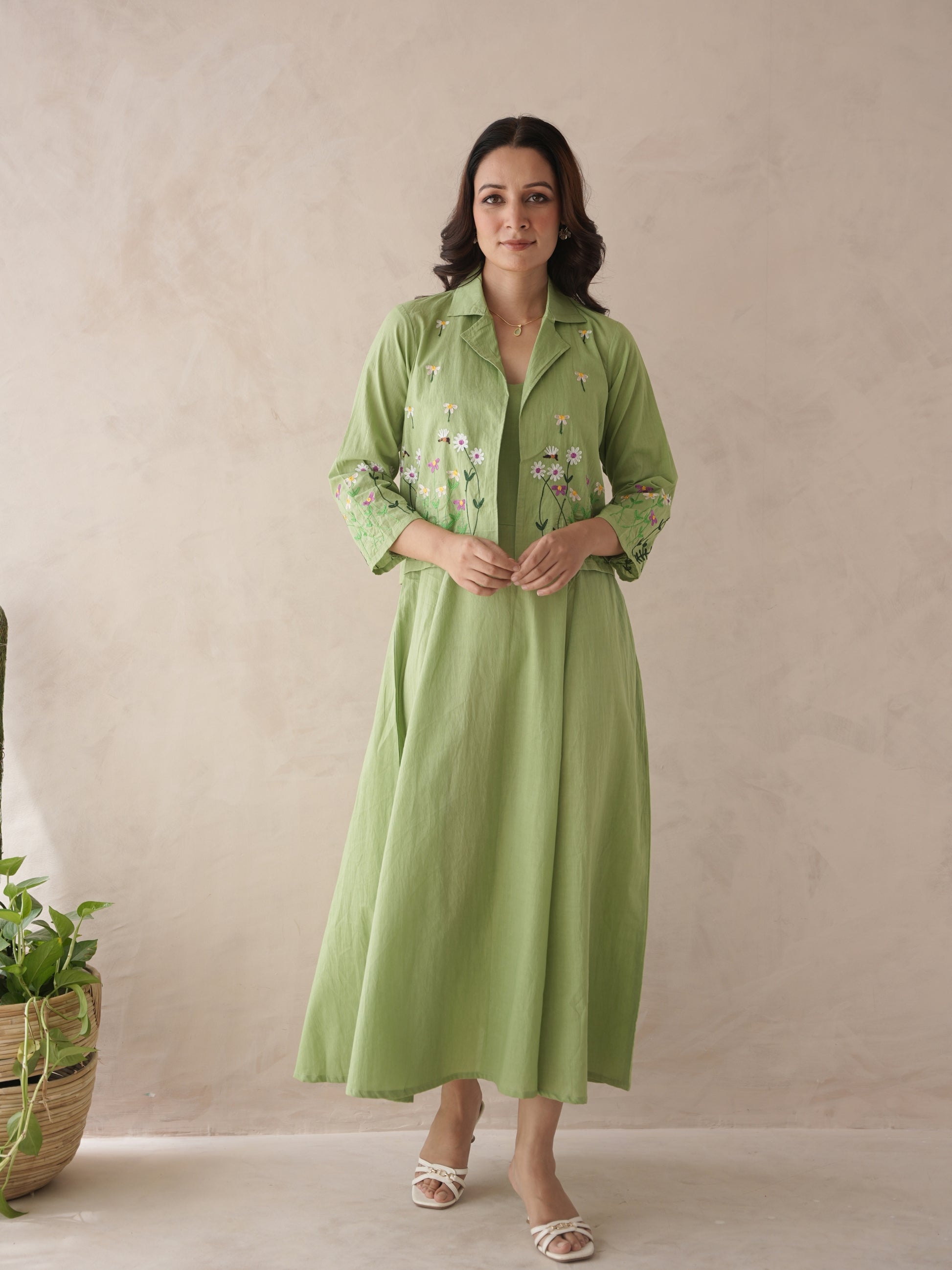 cotton jacket dress for women Off White Embroidered Cotton Dress with Jacket- Set of 2