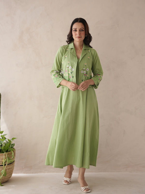 Iri Sage Green Embroidery Cotton Jacket Dress