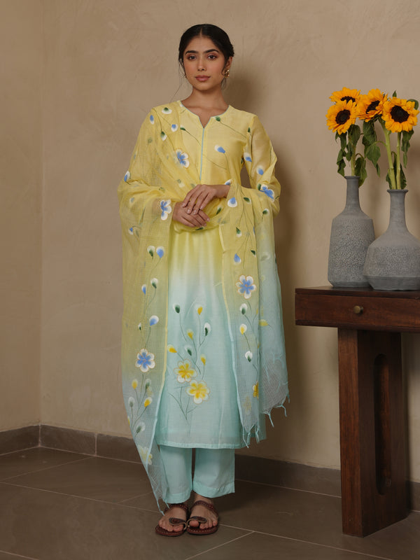 FLAMINGO YELLOW SHADED CHANDERI HAND PAINT SUIT SET