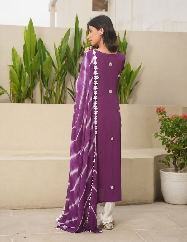 Purple Silk Embroidered Leheriya Suit Set