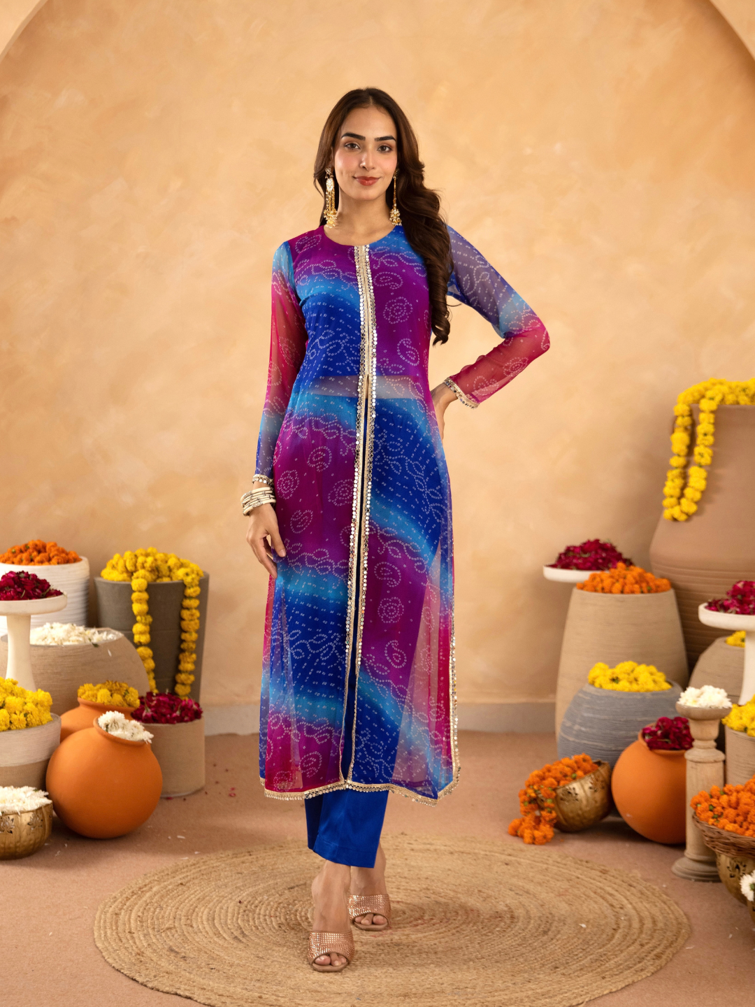 Blue Pink Chiffon Bandhej Mirrorwork Straight Kurta