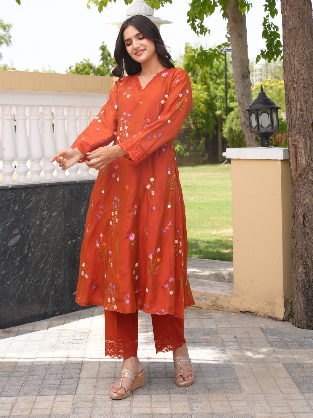Rust Brown Chanderi Floral Embroidered Kurta Set