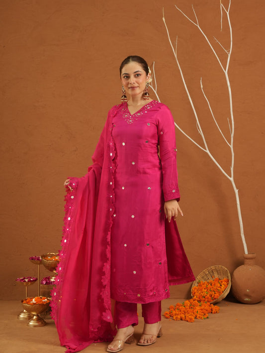 Nazakat Pink Silk Mirrorwork Suit Set
