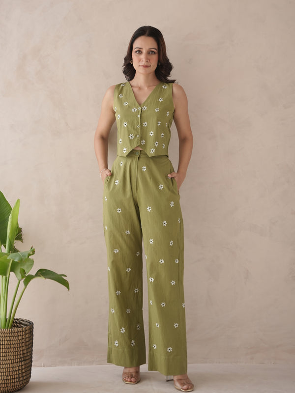 Serra Olive Embroidery Cotton Co-ord Set