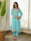 Sky Blue Floral Embroidered Muslin Kurta Set with Pants