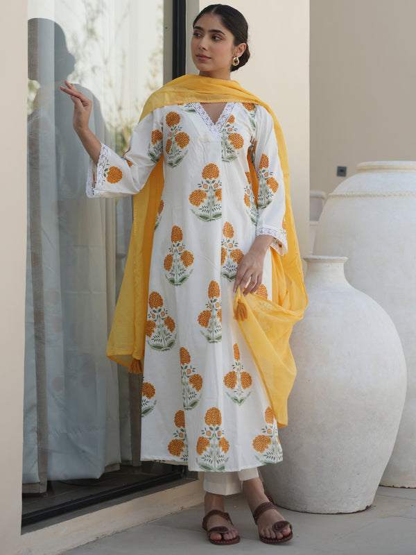 YUCCA WHITE COTTON BLOCK PRINT SUIT SET