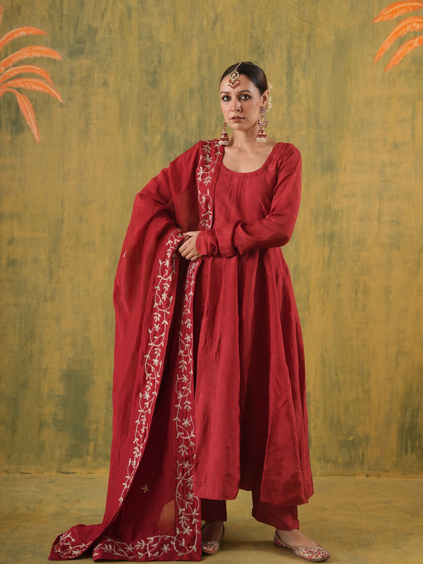 Rani Gulnar Maroon Embroidered Silk Anarkali Set