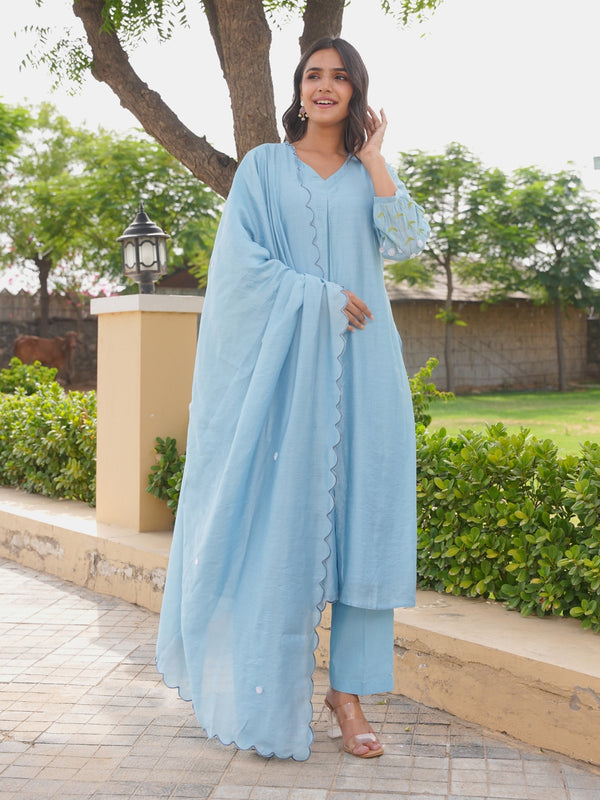 Bluebell Floral Aari Work Chanderi Kurta Set
