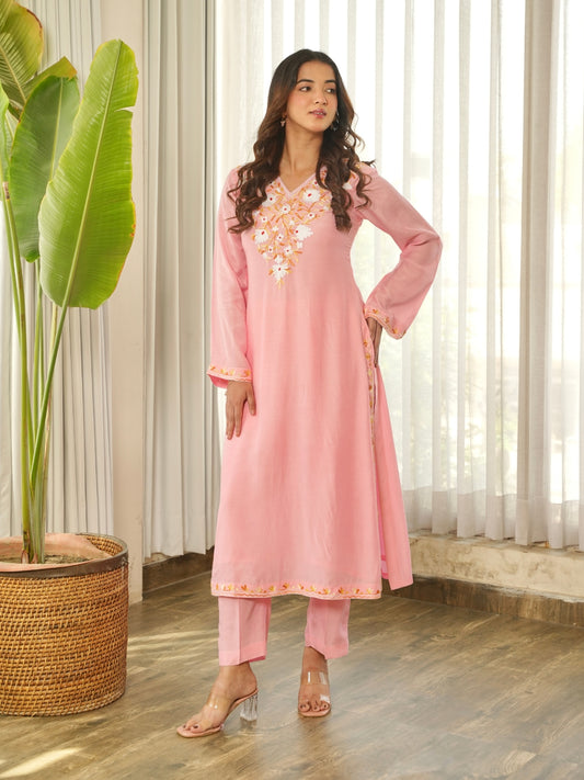 Blush Pink Floral Embroidered Muslin Kurta Set with Pants