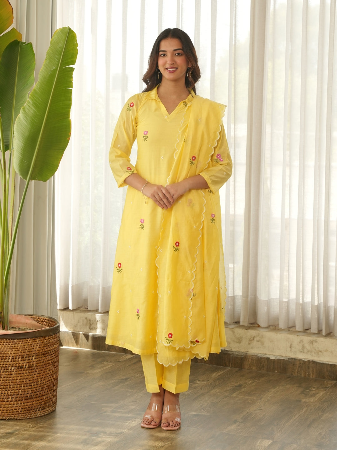 Lemon Yellow Embroidered Chanderi Kurta Set with Pants & Dupatta